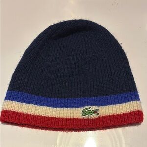 Lacoste Kids' Blue and Red Striped Beanie 100% Lana